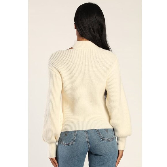 NEW Lulus Trendy Forecast Ivory Pointelle Knit Mock Neck Cutout Sweater Small - Picture 3 of 10